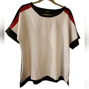 DKNY Med. 100%polyester blouse. Off white front/black back & red stripe sleeve